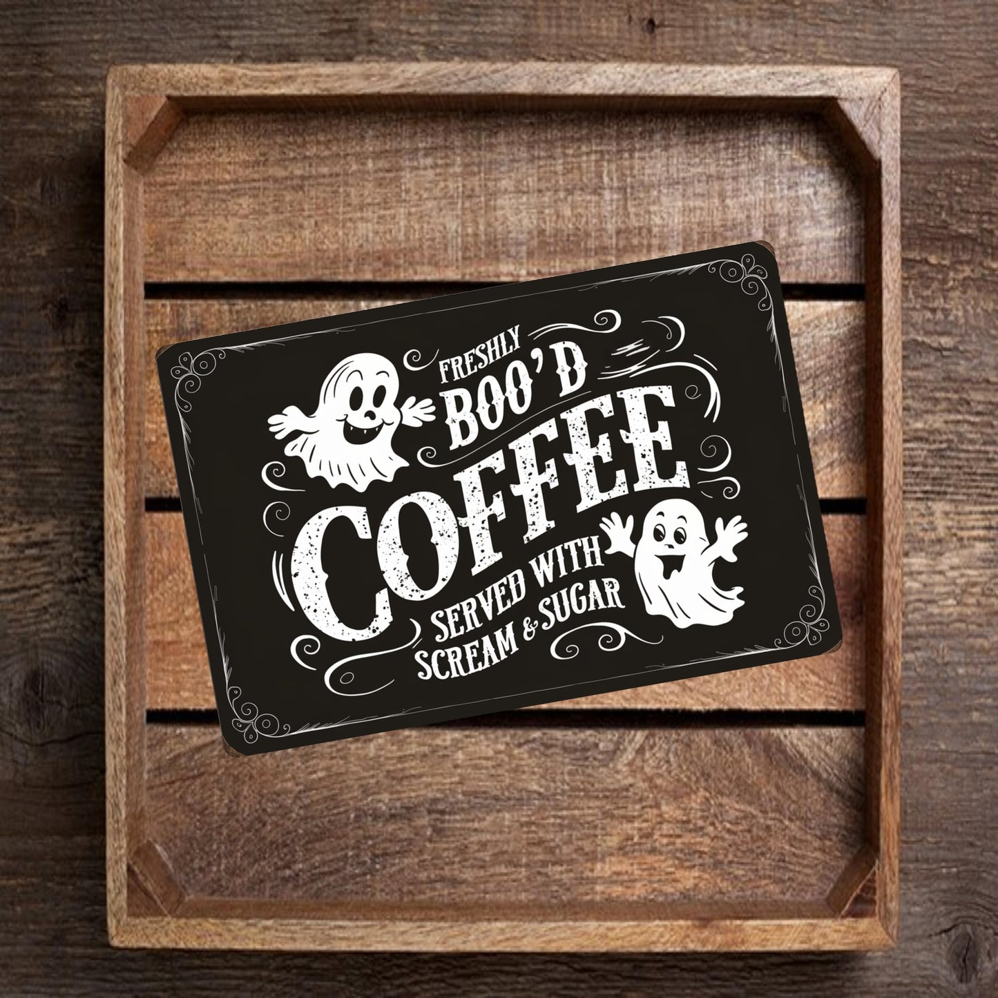Halloween-Themed Metal Sign - "Freshly BOO'D Coffee Served with Scream and Sugar" - Humorous Ghost Design - 8"x12" Black Metal Sign