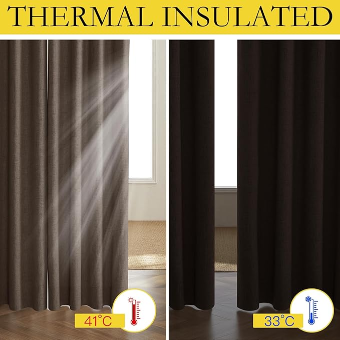 NICETOWN Coffee Vintage Linen 100% Blackout Curtains for Living Room, Thermal Insulated Curtains 108“ Long, Noise Reducing Window Treatment Drapes for Home Office, 62" Wide Per Panel, Set of 2