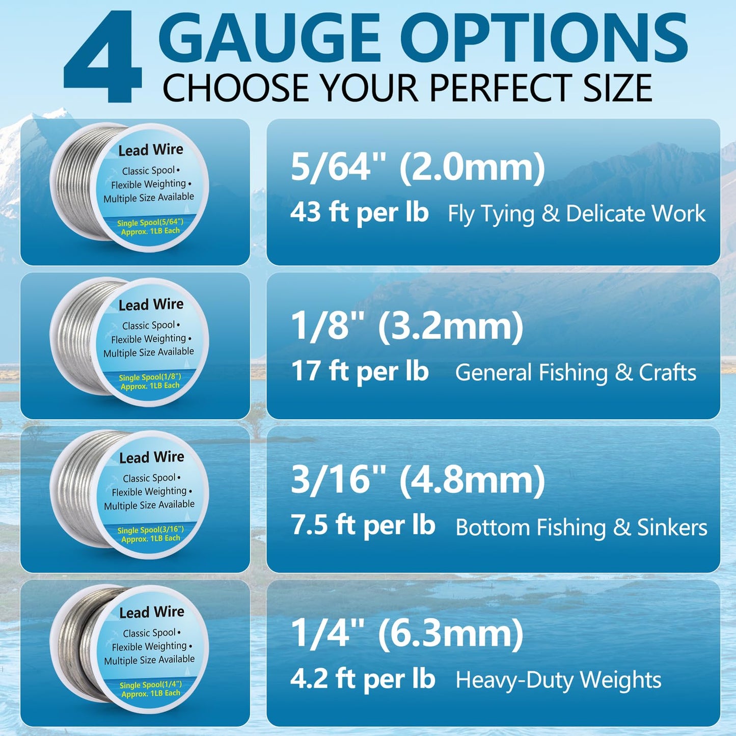holama Lead Wire Solid Core Roll 1 Lb Spool — Soft High Density Lead Line for Fishing Sinkers, Drift & Dragging Weights, Fly Tying Crafting Material with 5/64", 1/8", 3/16", 1/4" Gauge Available