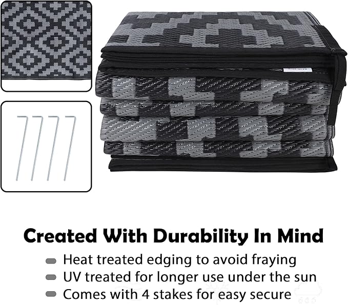 SAND MINE Waterproof Outdoor Rug 8x10 ft, Plastic Reversible Rug, Modern Area Rug, Large Floor Mat for Outdoors, RV, Patio, Backyard, Deck, Picnic, Beach, Camping (8' x 10', Black Grey Lattice)