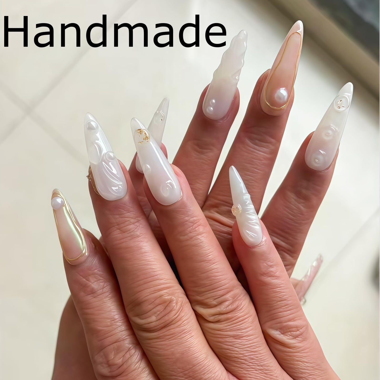 Handcrafted Press On Nails Iridescent Shell Luster Mermaid Texture Pearl Gold Edge Caviar Decor 100% Handmade Realistic Artistic Fake Nails Gifts For Women (Mermaid Shell Gloss Pearl, Medium L)