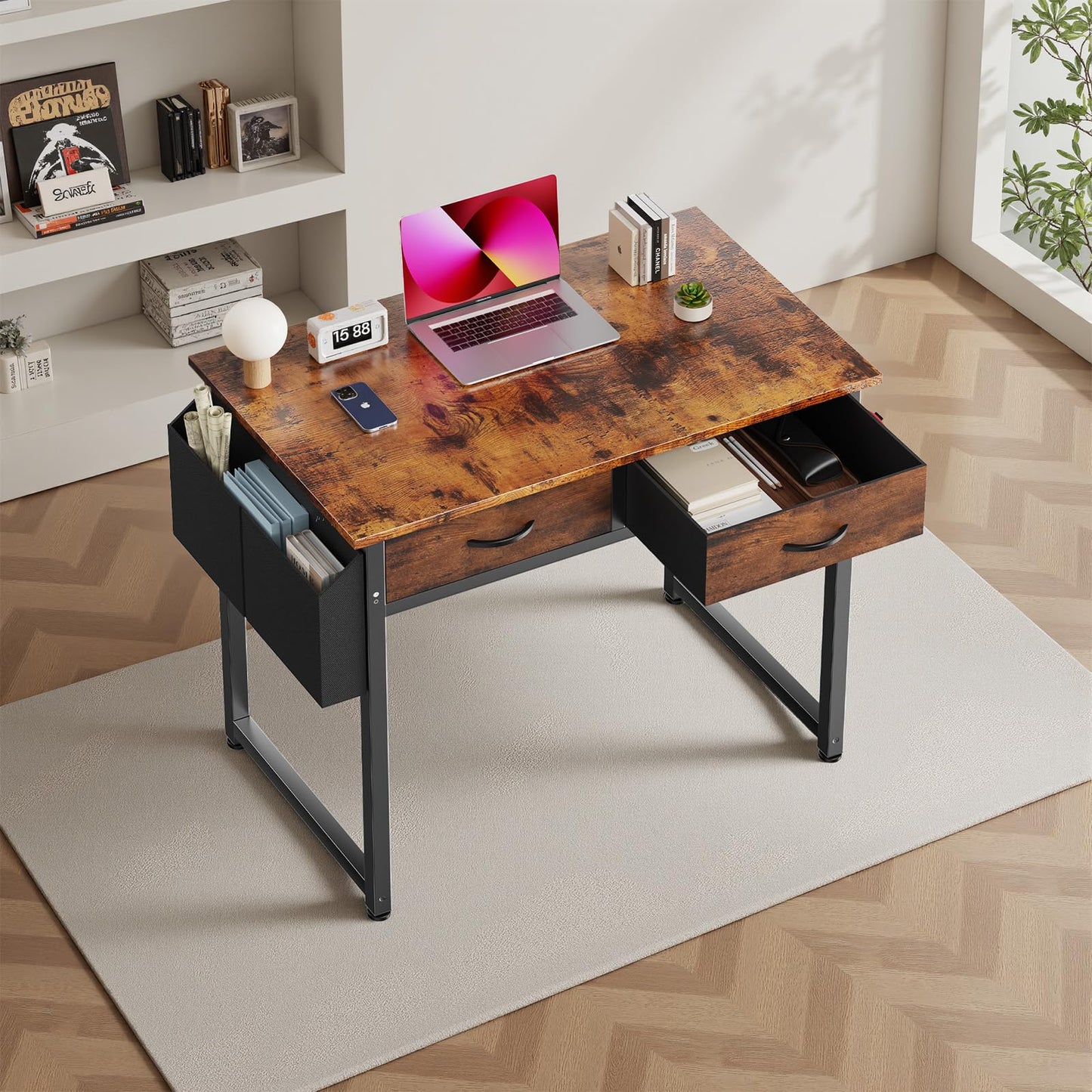 DUMOS 32" Home Office Computer Desk with Drawers, Small Gaming Writing Study Table with Storage Side Bag, Headphone Hook and Adjustable Feet for Bedroom Rustic Brown