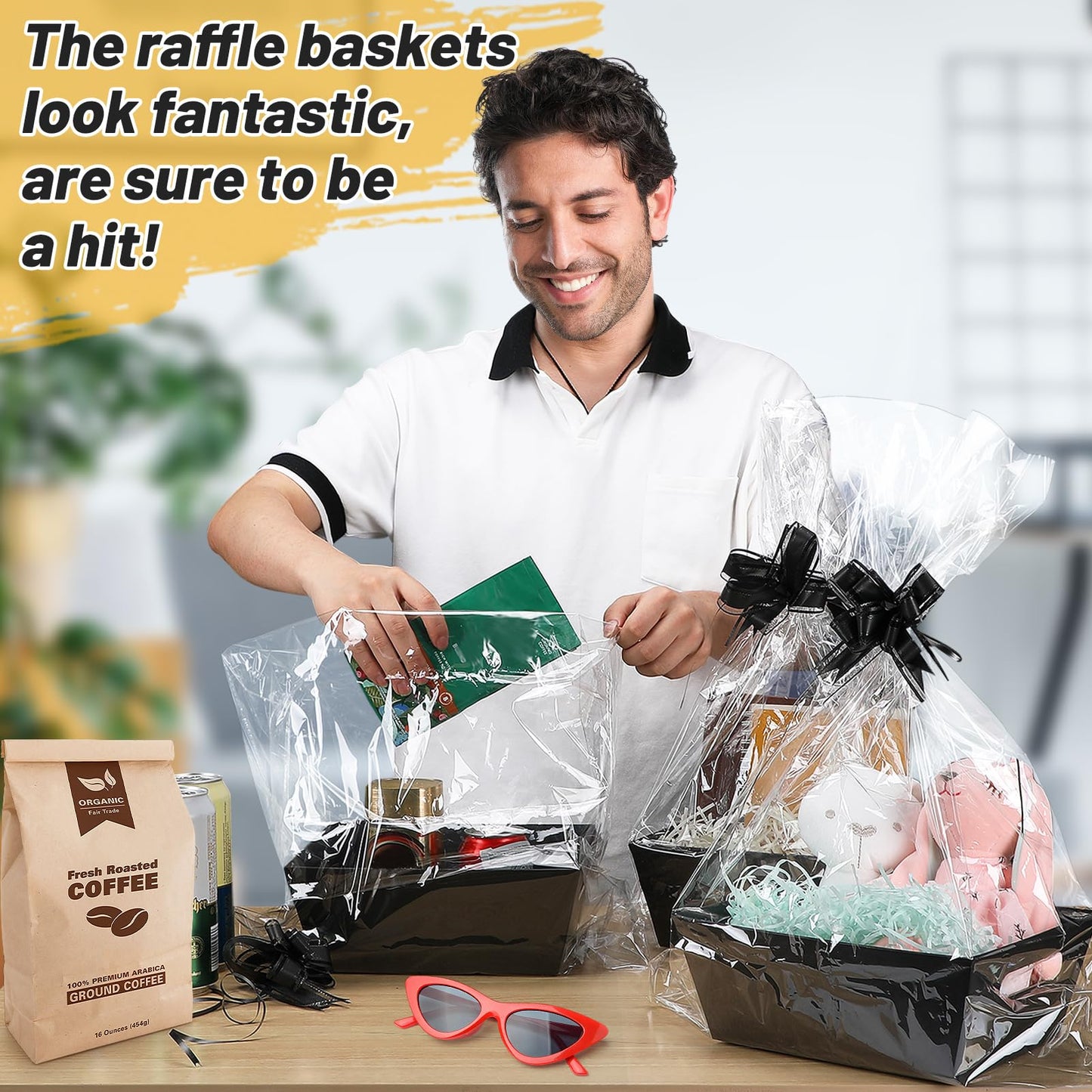 MADHOLLY 6 Set Baskets for Gifts Empty - Sturdy Kraft Gift Basket Kit with Cellophane Wrap Pull Bows for Men, Father’s Day, Career Promotion, Birthday Gift Wrapping, Black