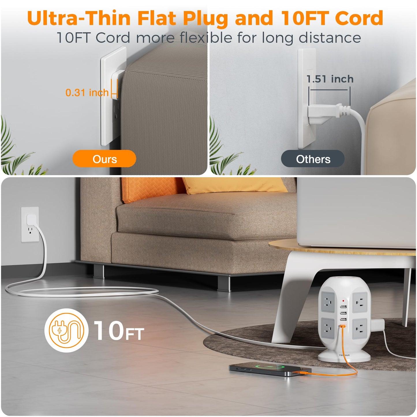 TESSAN 10FT Tower Power Strip with 5FT Ultra Thin Extension Cord Power Strip Bundle, Multiple AC Outlets and USB Ports with Surge Protection, Home Office Dorm Essentials