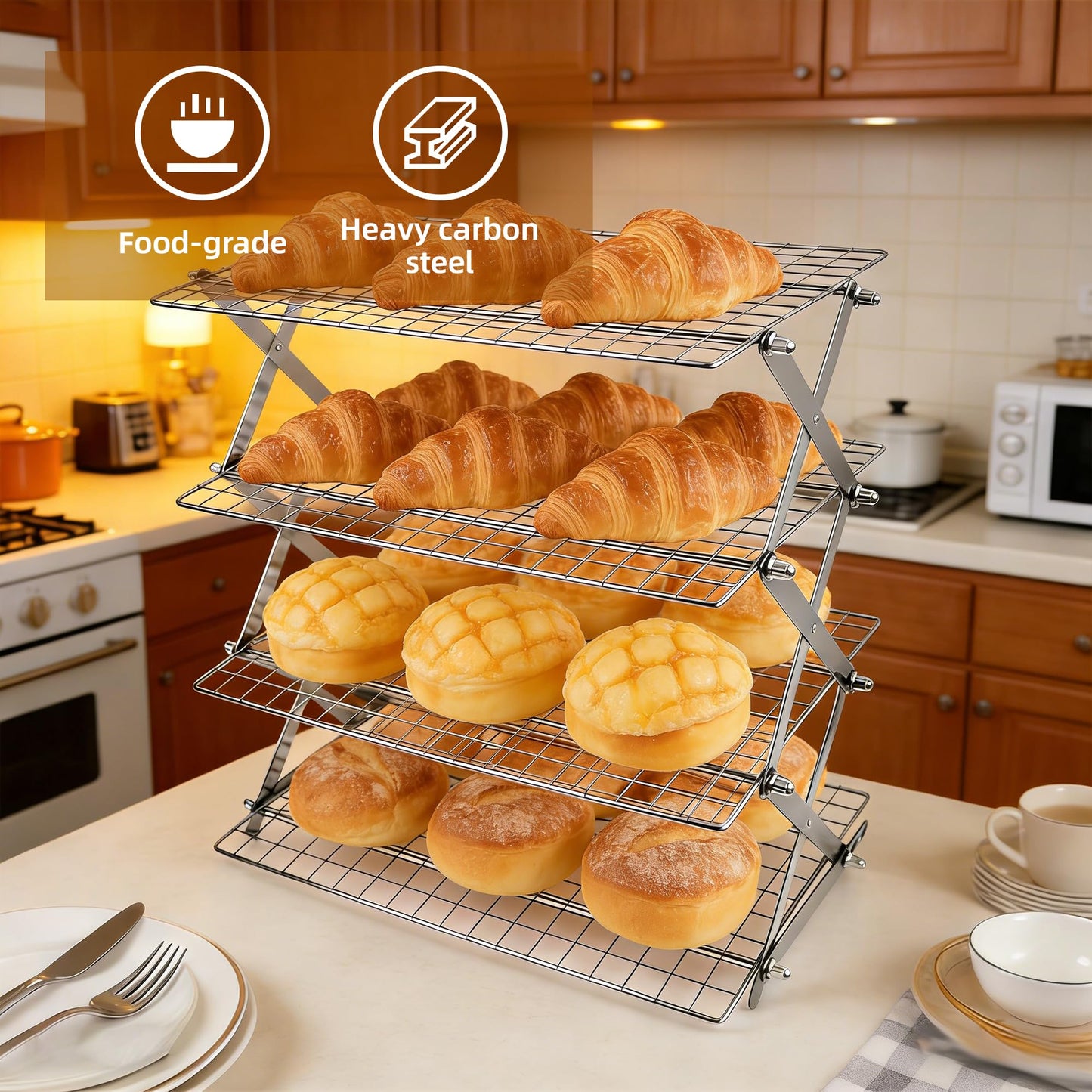 3 Tier Collapsible Cooling Rack with Adjustable 6 Setting Design stackable wire rack for baking sheet for Cookies Baking Gifts for Women (Silver, 3-Tier)