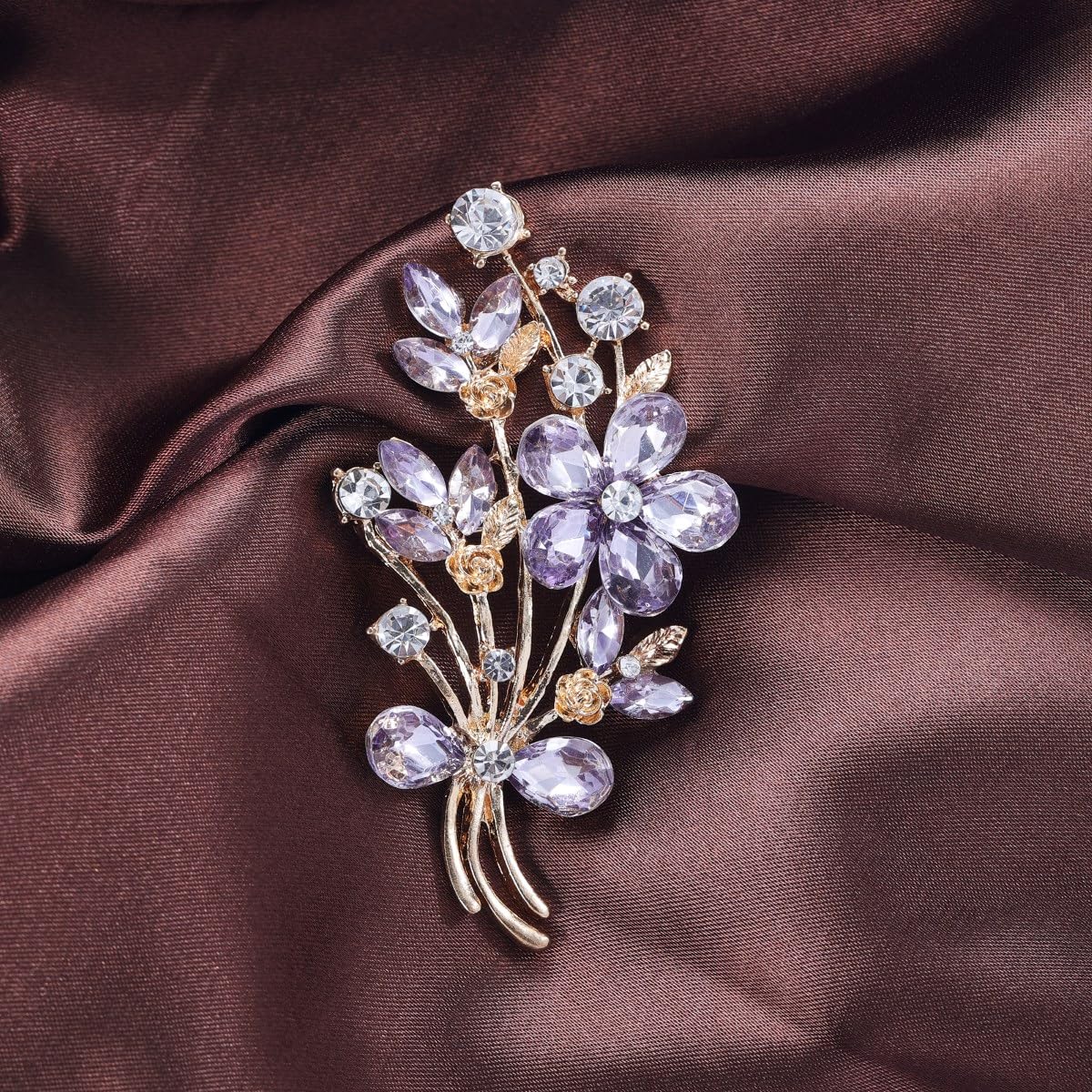 YOQUCOL Vintage Purple Austrian CZ Crystal Rhinestone Poppy Flower Bouquet Shape Brooch Pin for Women