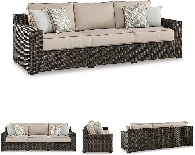 Signature Design by Ashley Coastline Bay Nuvella Weather Resistant Fabric Outdoor Sofa with Cushion and 4 Throw Pillows, Beige & Dark Brown