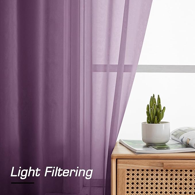 Simplebrand Plum Purple Sheer Curtains 96 Inches Long 2 Panels, Light Filtering Rod Pocket Solid Color Window Sheer Curtain Panels, Elegant Curtains & Drapes for Living Room, Bedroom, 42" W x 96" L