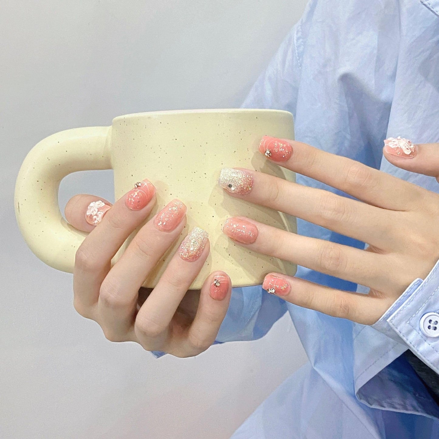 Wsiliana Handmade Fake Nails Press On Nails Medium Short Coffin Pink Tip 3D Design Art Charms Cute with Storage Box 10 Pcs (027, M)