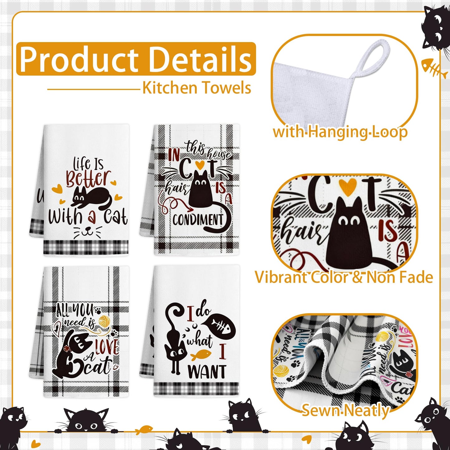 Vetoxka 4 PCS Black Cat Decor Kitchen Towels - Set Quick Drying Cute Hand Tea Dish Towel for Accessories Checkered Funny Saying Kitty Plaid for Cat Lover Home Decorations Bathroom Housewarming Gifts