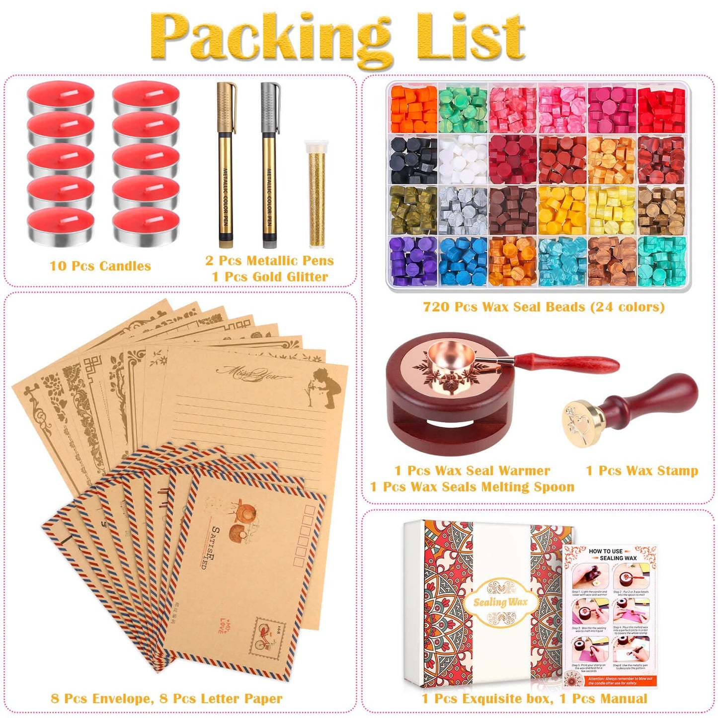 Anezus 754pcs Sealing Kit with Wax Beads, Stamp, Warmer, Vintage Envelopes, Metallic Pen for Letter Sealing, Invitations, Crafts