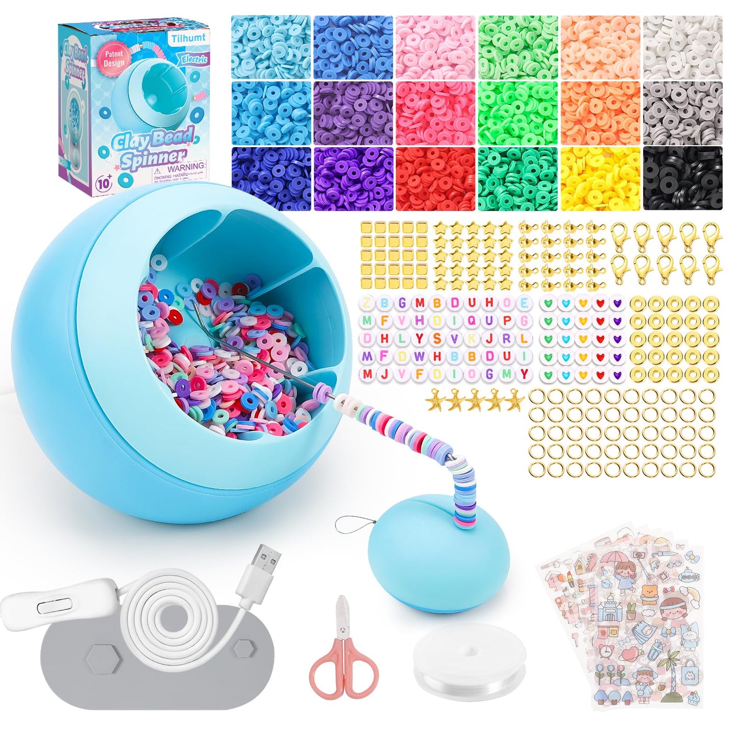 Tilhumt Bead Spinner Kit, 3826Pcs Bracelet Spinner Kit Electric Bracelet Maker Machine with Beginner Friendly Positioning Mat and 18 Colors Polymer Clay Beads for Jewelry Bracelets Making