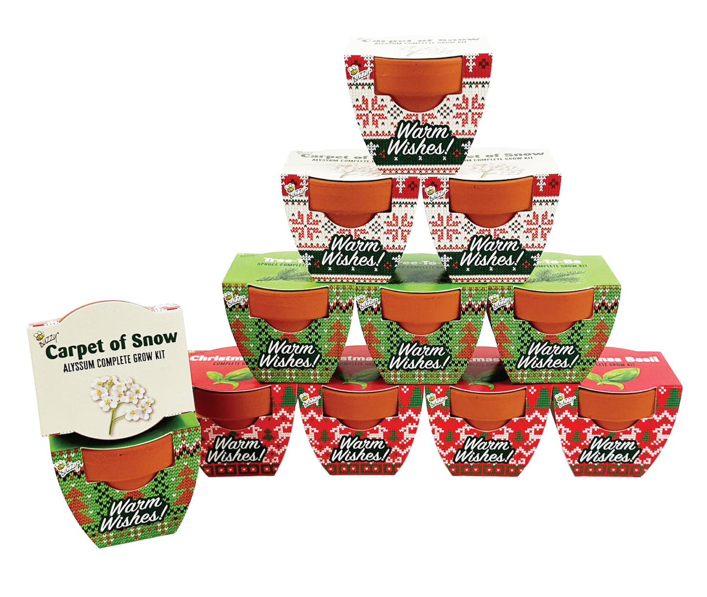 BUZZY Seeds Sweater Pattern Mini Terracotta Pots Grow Kit, 12-Pack Assorted Christmas Basil, Spruce, and Alyssum Seed Packets, Indoor Plant Starter Set, Stocking Stuffers, Party Favors