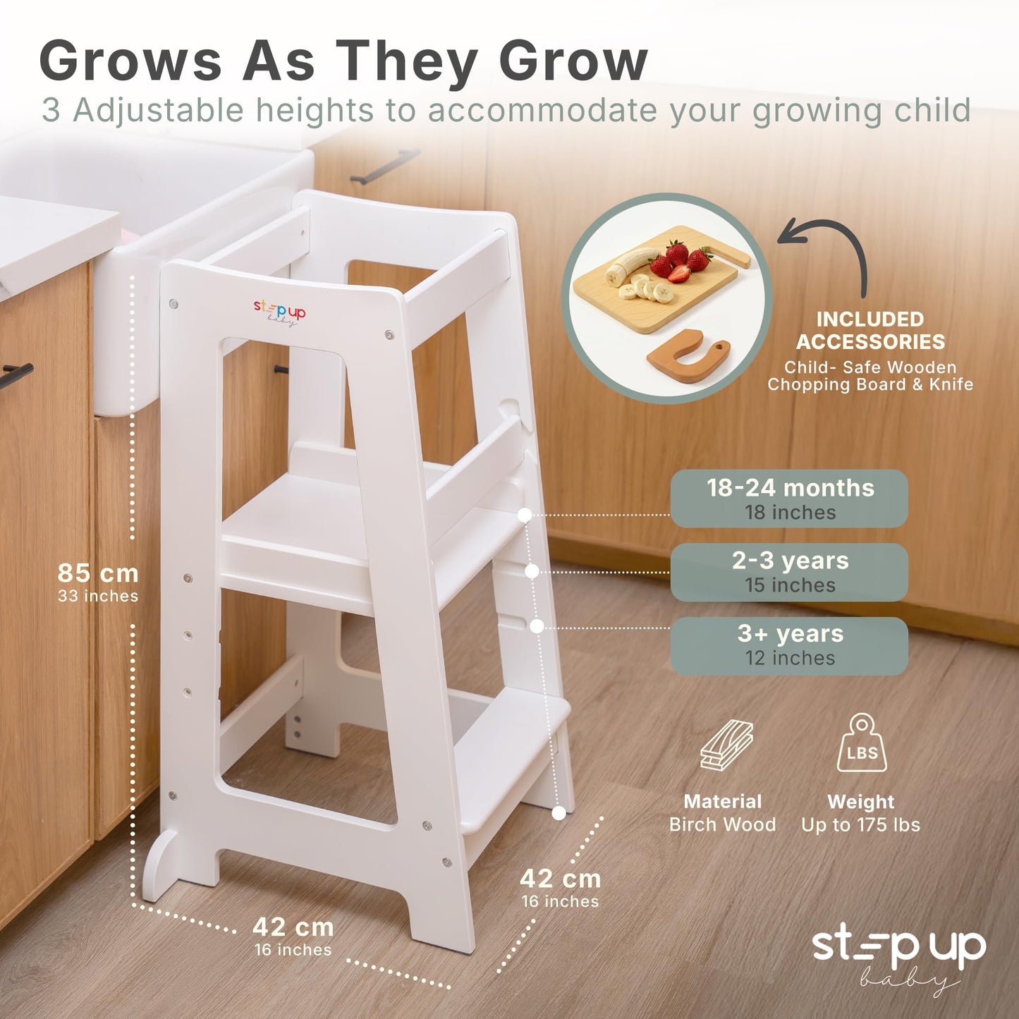 Stepup Baby Toddler Step Stool - Adjustable Height Kids Helper Step Stool, Durable, Non-Slip Platform for Bathroom Sink & Kitchen Counter, Toddler Tower for Exploration and Growth - White