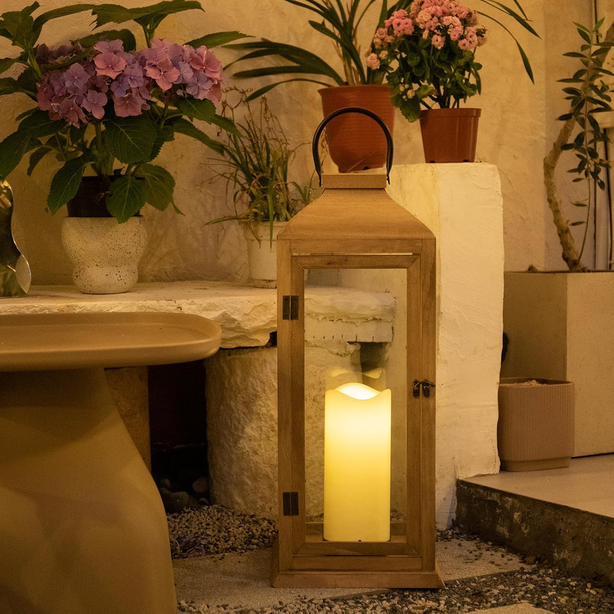 Large New Zealand Pine Lantern With Flameless Pillar Candles - IP65 Waterproof Decorative for Home Decor, Indoor Outdoor, Front Porch, Garden, Farmhouse Style