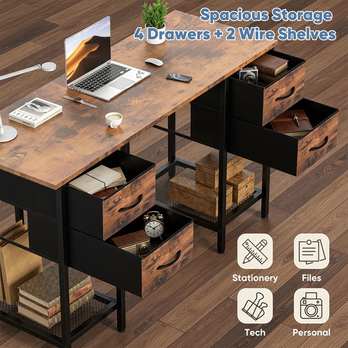 Sweetcrispy Computer Desk with Drawers, 55 Inch Home Office Bedroom Table with 4 Fabric Drawers & 2 Mesh Storage Shelves, Wood Table with X-Shaped Structure for Writing Study PC Desk, Brown