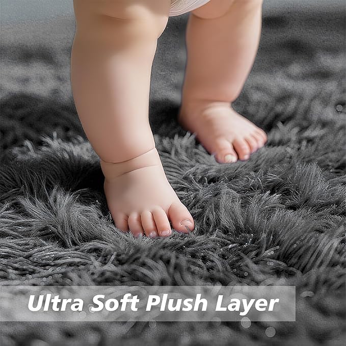 Ultra Soft Fluffy Area Rugs for Bedroom Living Room 10x14, Nursery Rug, Non-Slip Carpet for Kids Dorms Decor, Shaggy Bedside Rug, Deep Grey