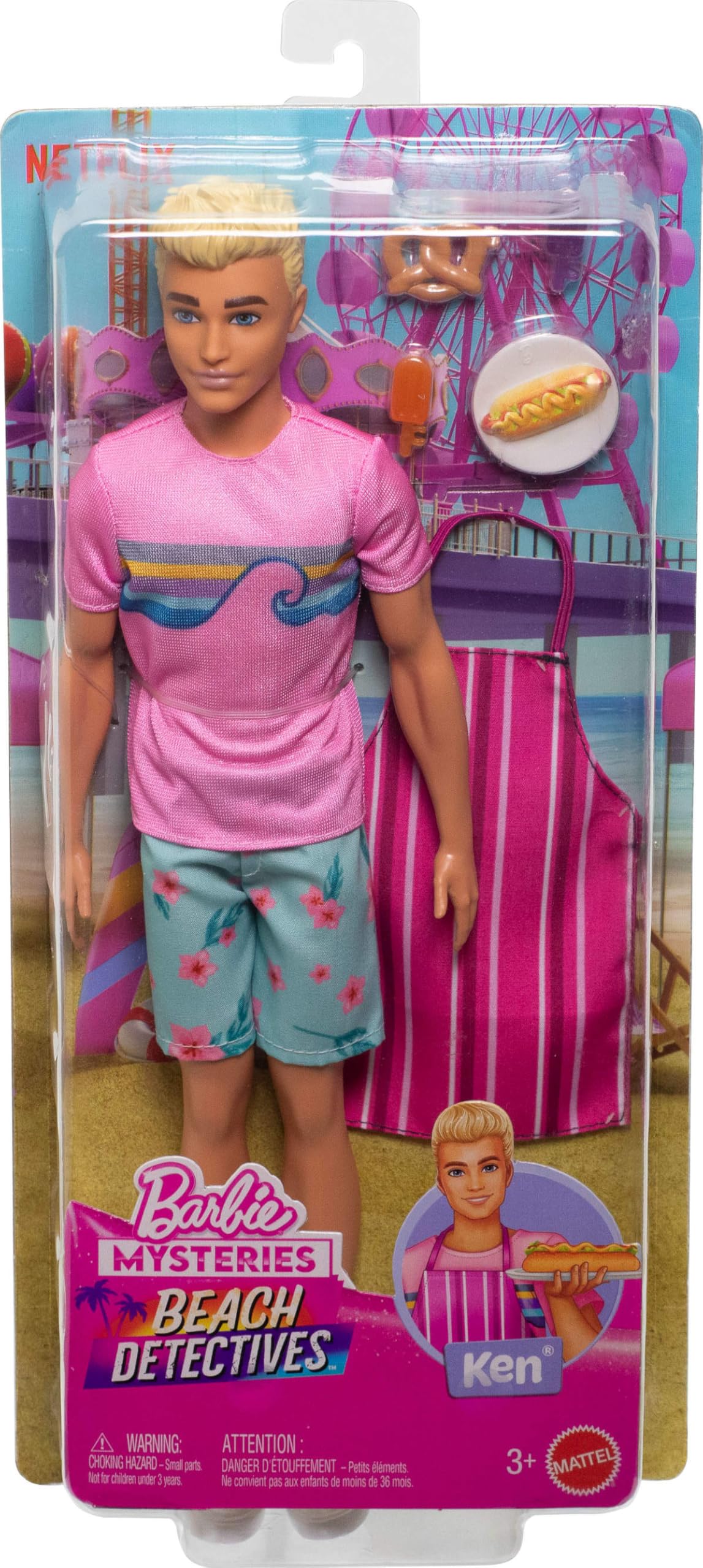 Barbie Mysteries: Beach Detectives Ken Doll Wearing Removeable Signature Outfit with Storytelling Accessories, Including Apron & Snacks