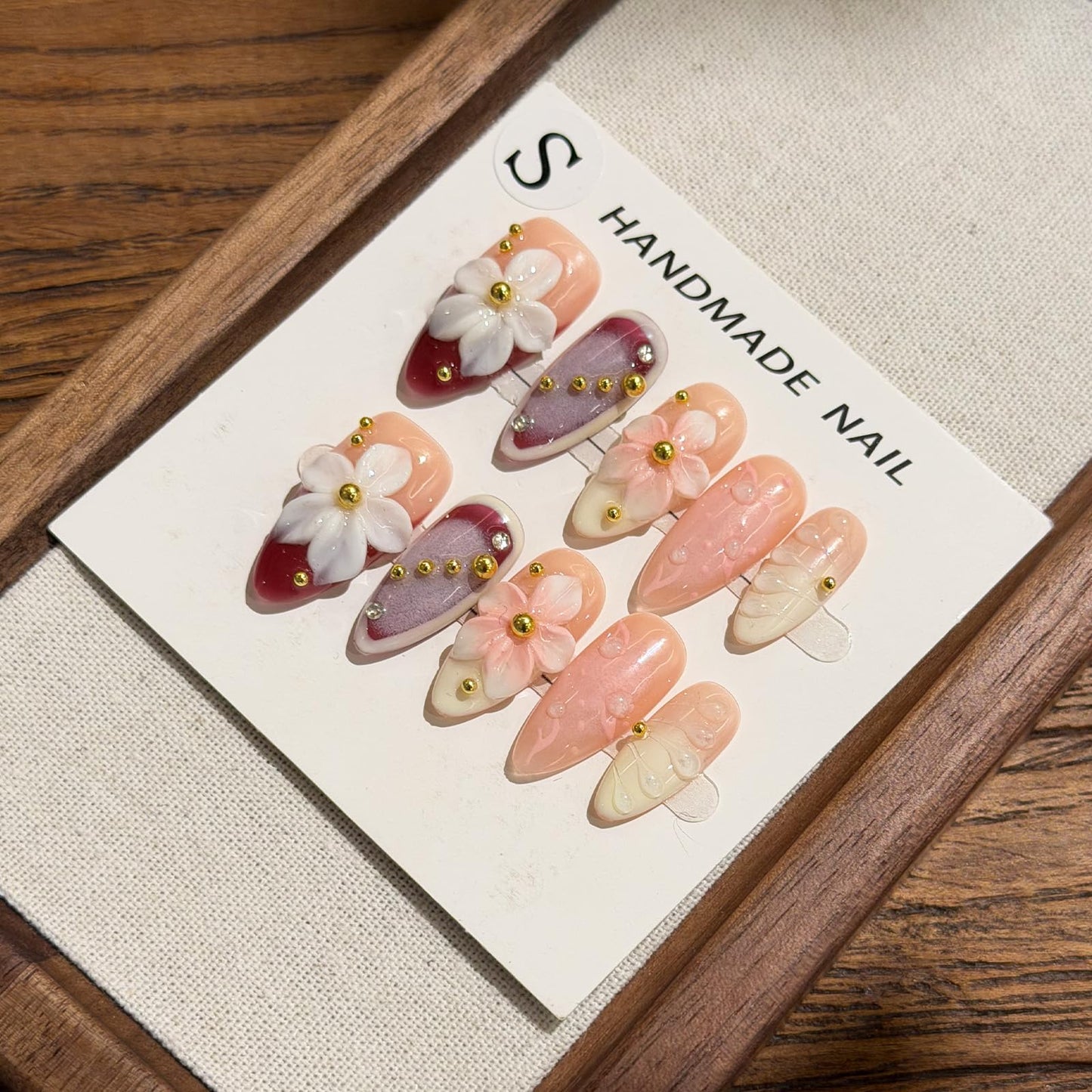 Luxury Press on Nails, Medium Almond 3D Handmade Nails, Reusable French Tip False Nails, Pink Flower Metal, Thick Acrylic ABS Nail Art (10PCS-S)