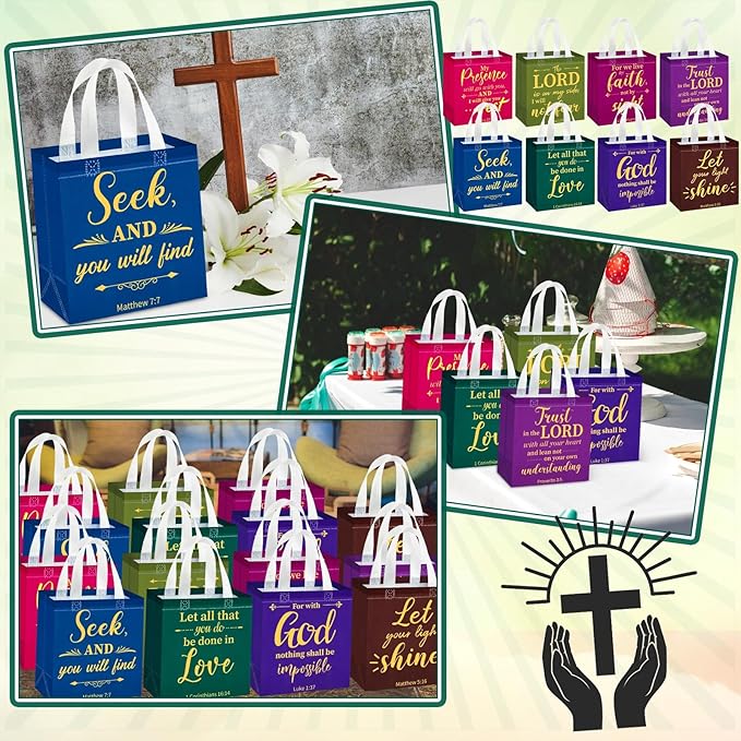 HunnmingRe 32 Pcs Christian Gift Bags Bulk, Easter Reusable Religious Bible Verse Tote with Handles Non Woven Scripture Pastor Blessing Gift for Baptism Church Wedding Favors