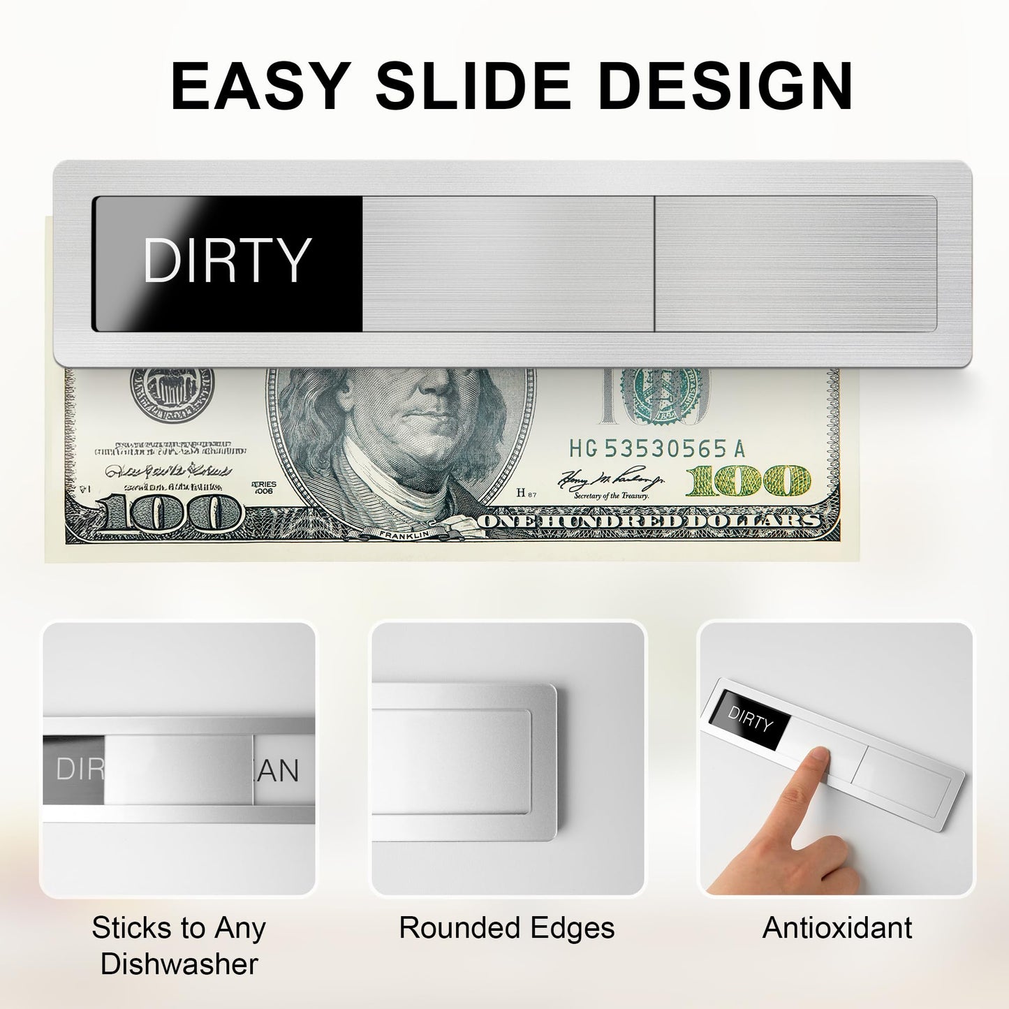 Dishwasher Magnet Clean Dirty Sign, 3 Options with Running Options, Brushed Gold Dishwasher Magnet Easy to Switch, Residue Free Adhesive Included