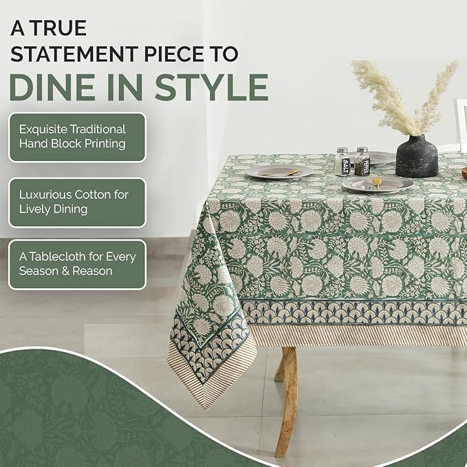 Labhanshi Indian Handblock Print Floral Cotton Rectangle 72x135 Inch 10-Seater Dining Tablecloth|Washable Spring St. Patrick Picnic Outdoor Camping Festive Easter Table Cover|Moss Green