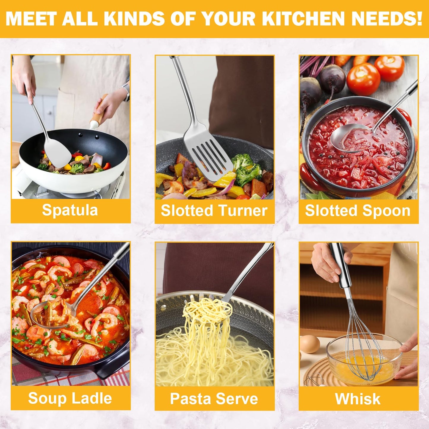 Gymdin 6-Piece Kitchen Cooking Utensils Set, Stainless Steel Kitchen Utensils with Suspendable Handle, Spatula, Slotted Turner, Soup Ladle, Slotted Spoon, Whisk, Pasta Server, Dishwasher Safe