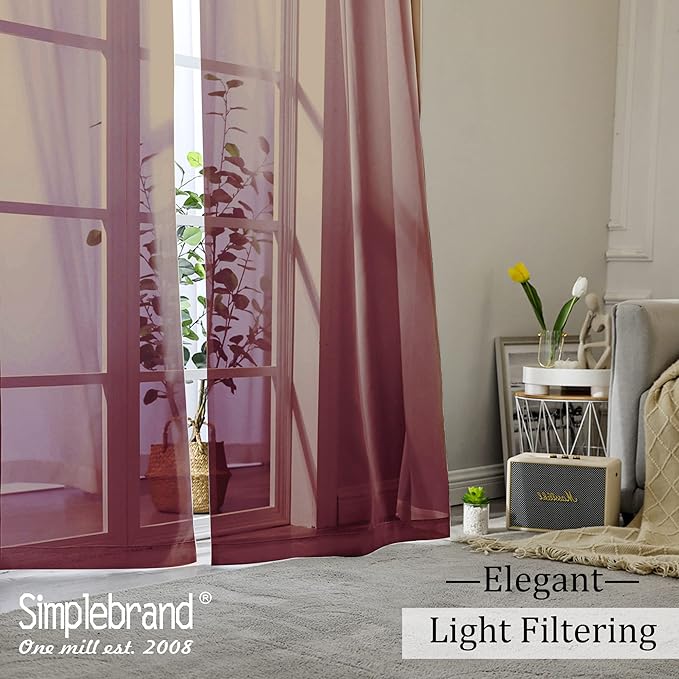 Simplebrand Red Sheer Curtains 84 Inches Long, Light Filtering Rod Pocket Solid Color Window Sheer Curtain Panels, Elegant Curtains & Drapes for Living Room, Bedroom 2 Panels (Burgundy, 42" W x 84" L)
