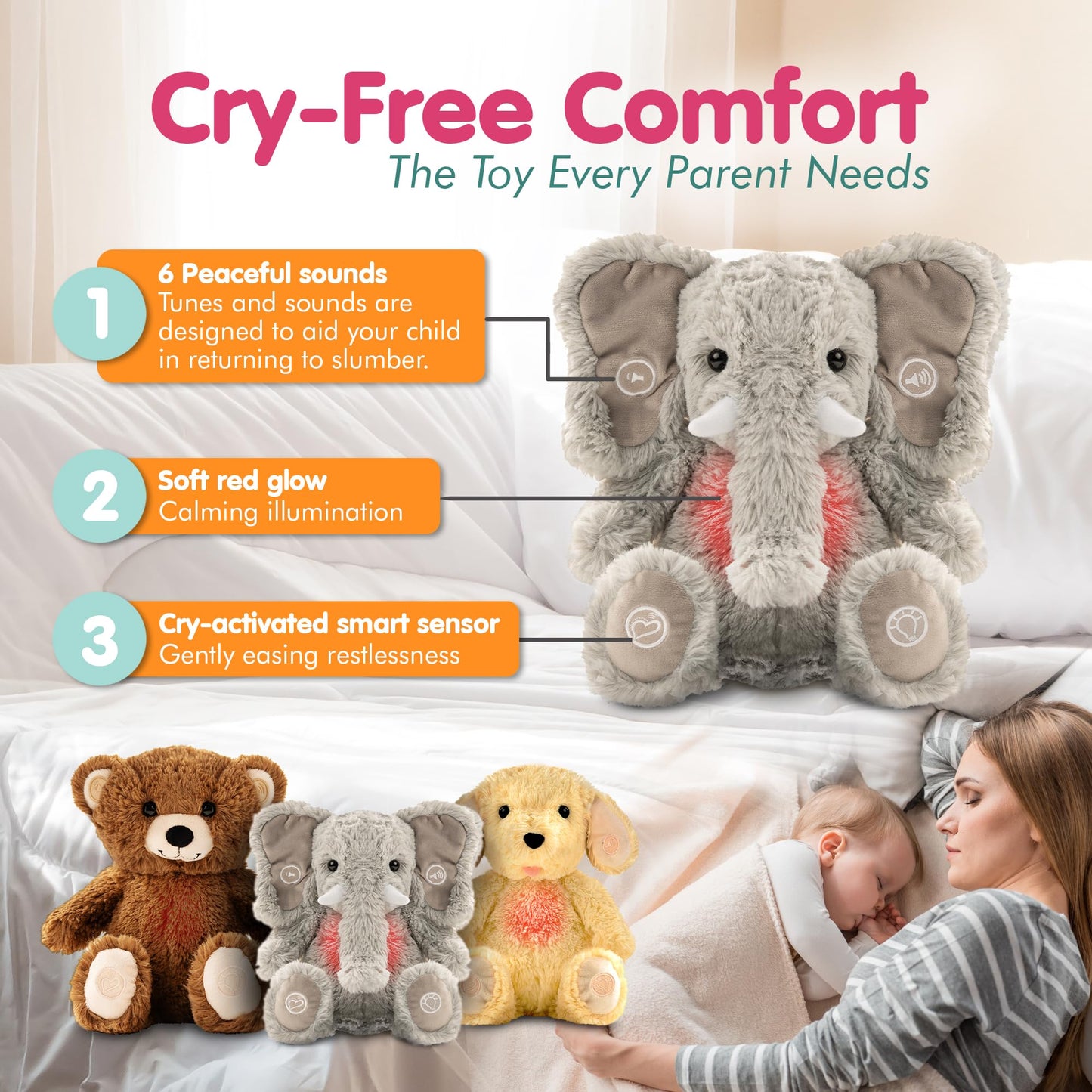 Gemma Joy Bedtime Baby Soother with Cry Activated Sensor, Plush Stuffed Animal for Newborn Infants - Bunny Non Rechargeable and Elephant Rechargeable - (2pcs)