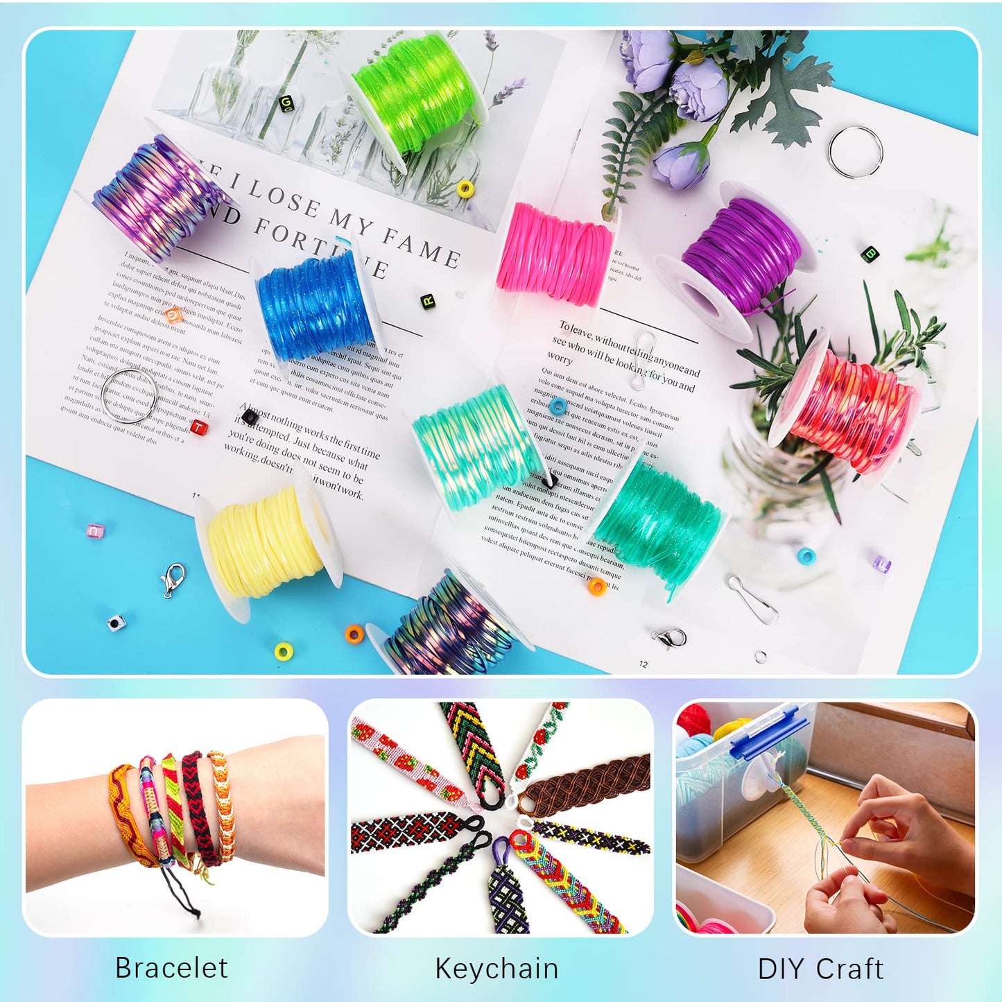 Karsspor Glitter/Laser/Normal Lanyard String Kit - 24 Rolls Gimp String, Plastic Lacing for DIY Bracelets, Key Chains, Pony Beads and Lanyards (788 Feet)