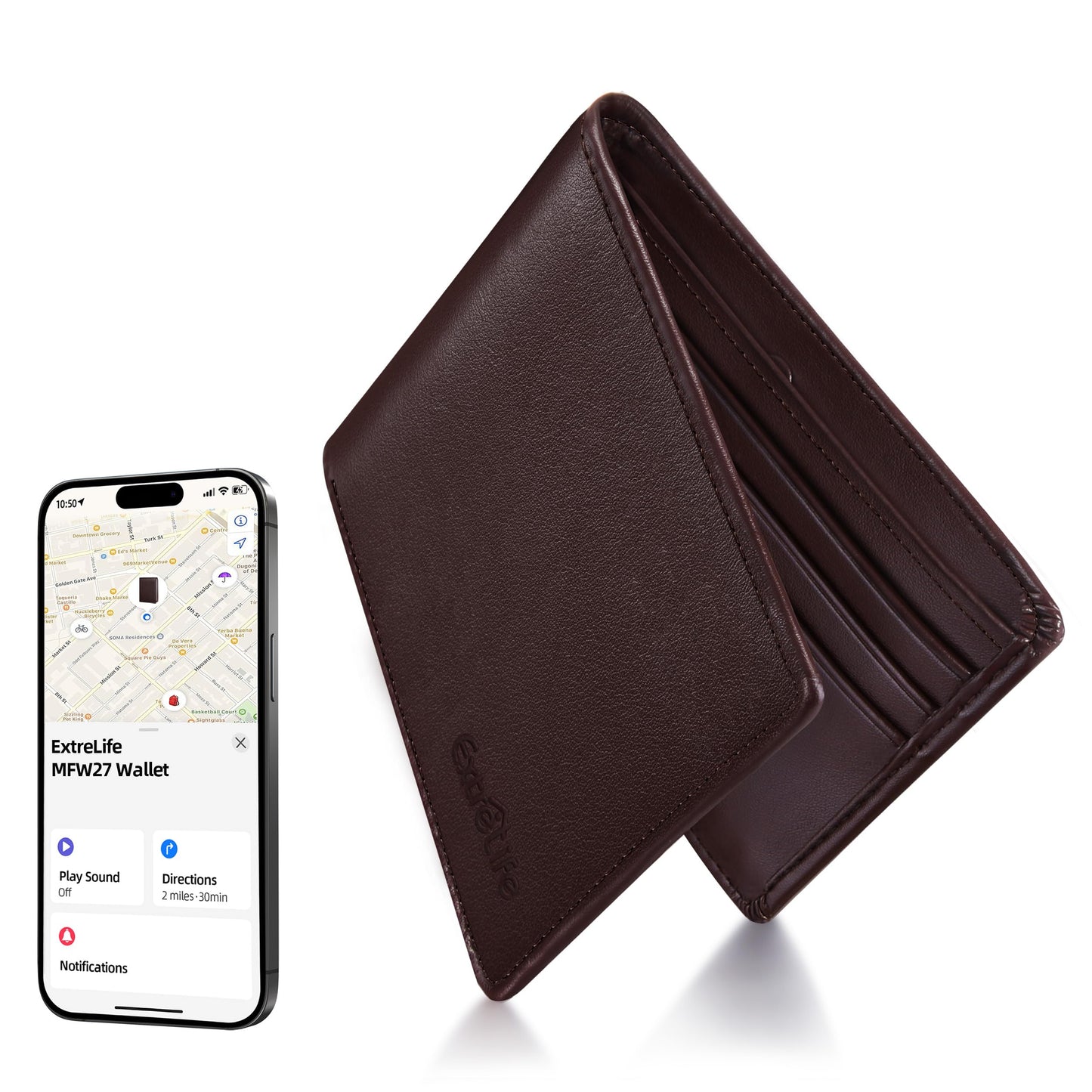 Wallet for Men, Built-in Bluetooth Tracker with Apple Find My (iOS Only), Air Tag Wallet, Leather RFID Blocking Bifold Mens Wallets with GPS Tracker, Rechargeable, Gift for Him, Brown