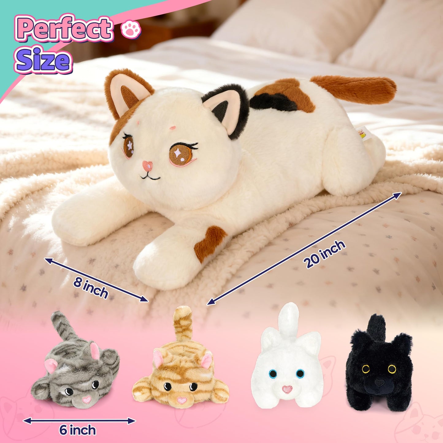 Onsoyours Original 5PC Cat Stuffed Animals with Babies Inside, Kawaii Kiity Plush with Mommy & 4 Kittens - Cute Plushies Toys for Girls Kids (White)