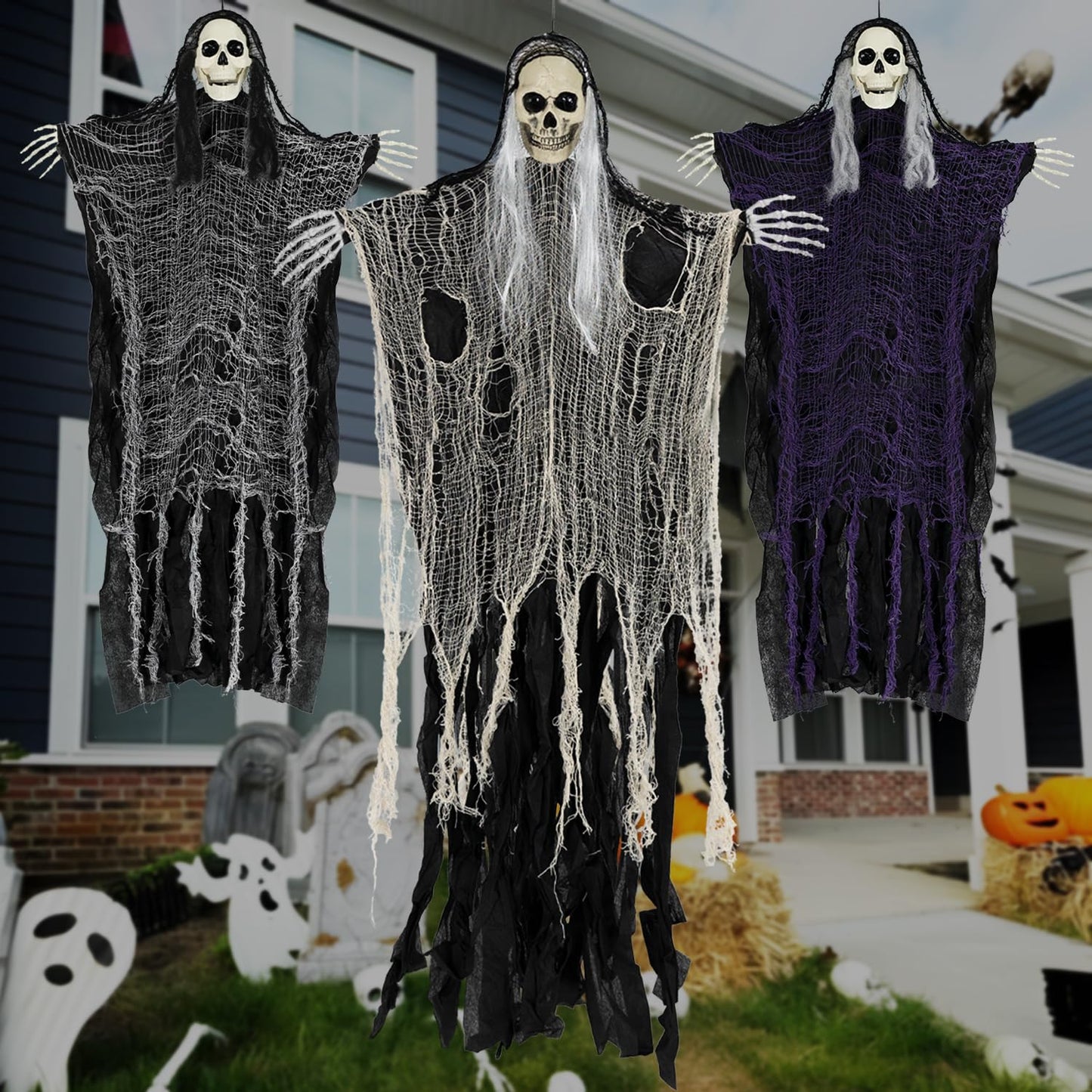 Kendane Halloween Decorations Outdoor and Indoor,3PCS Scary Hanging Ghosts,Halloween Grim Reaper Skeleton,Scary Party Decorations for Yard,Haunted House Decor