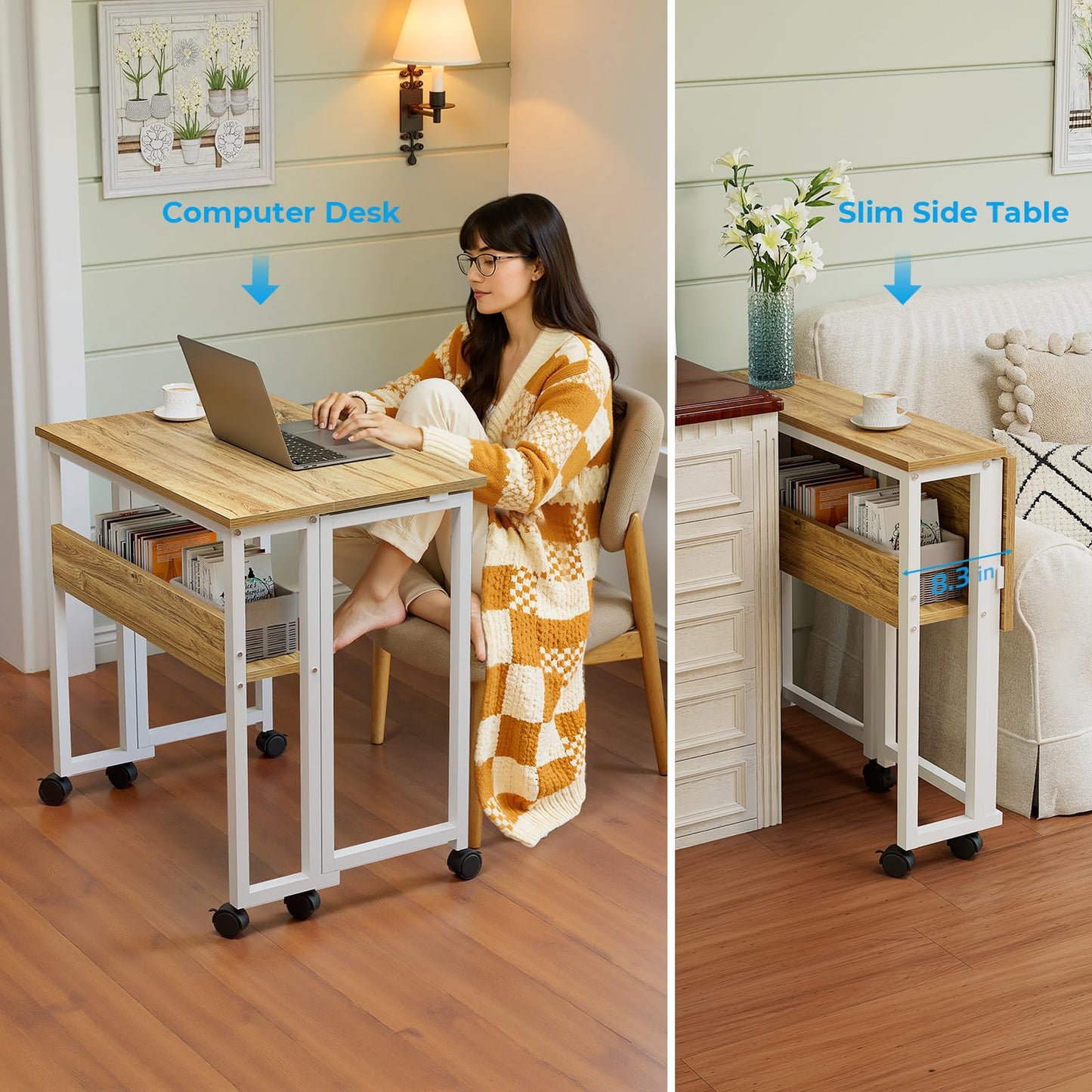 GreenForest Folding Desk Small Rolling Desk with Storage Shelf,24.8 inch Foldable Computer Desk with Wheels for Small Space,Easy Assembly,Oak