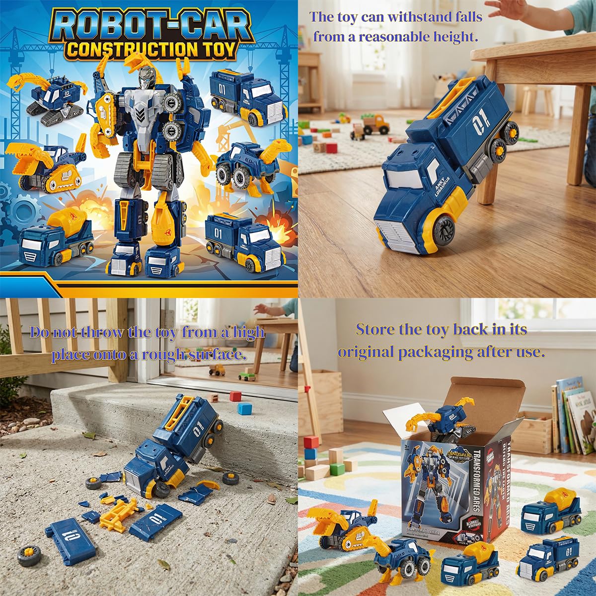 Fuzzy Pixie Toddler Construction Car Transform Set, 5pcs Dinosaur Rescue Robot with Magnetic Connectors, Assemble Building Trucks DIY STEM Toy, Birthday Present for Kids Boy Girl 3 4 5 6 7 Year