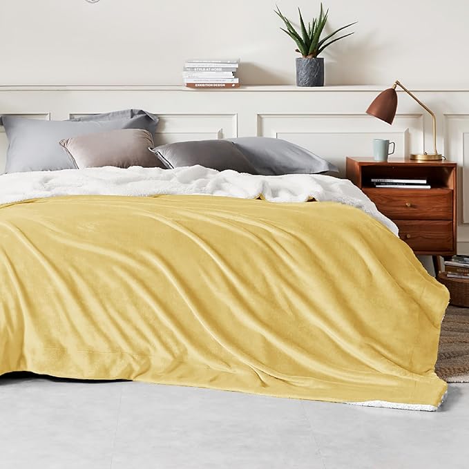 Bedsure GentleSoft Sherpa Fleece Blankets Queen Size for Bed - Thick and Warm, Soft Fuzzy Plush Queen Blanket for Winter, Yellow, 90x90 Inches