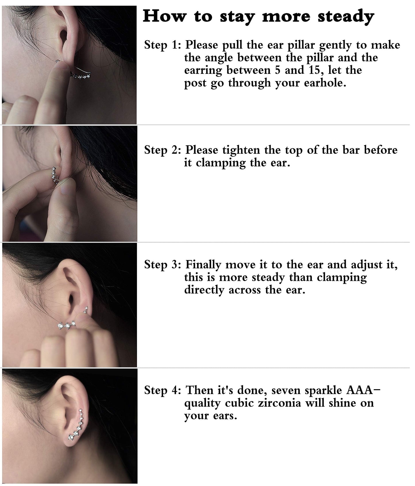 Earring for Women Cartilage 7 Crystals Ear Cuffs Hoop Climber S925 Sterling Silver Earrings with Cubic Zirconia CZ Hypoallergenic Piercing Gifts for Her