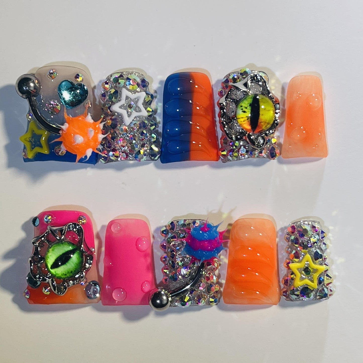 IntoVibes Handmade Short Duck Press On Nails, Orange Barbell Charm And Y2K, 10 Pieces Reusable Acrylic False Nails, Size Large
