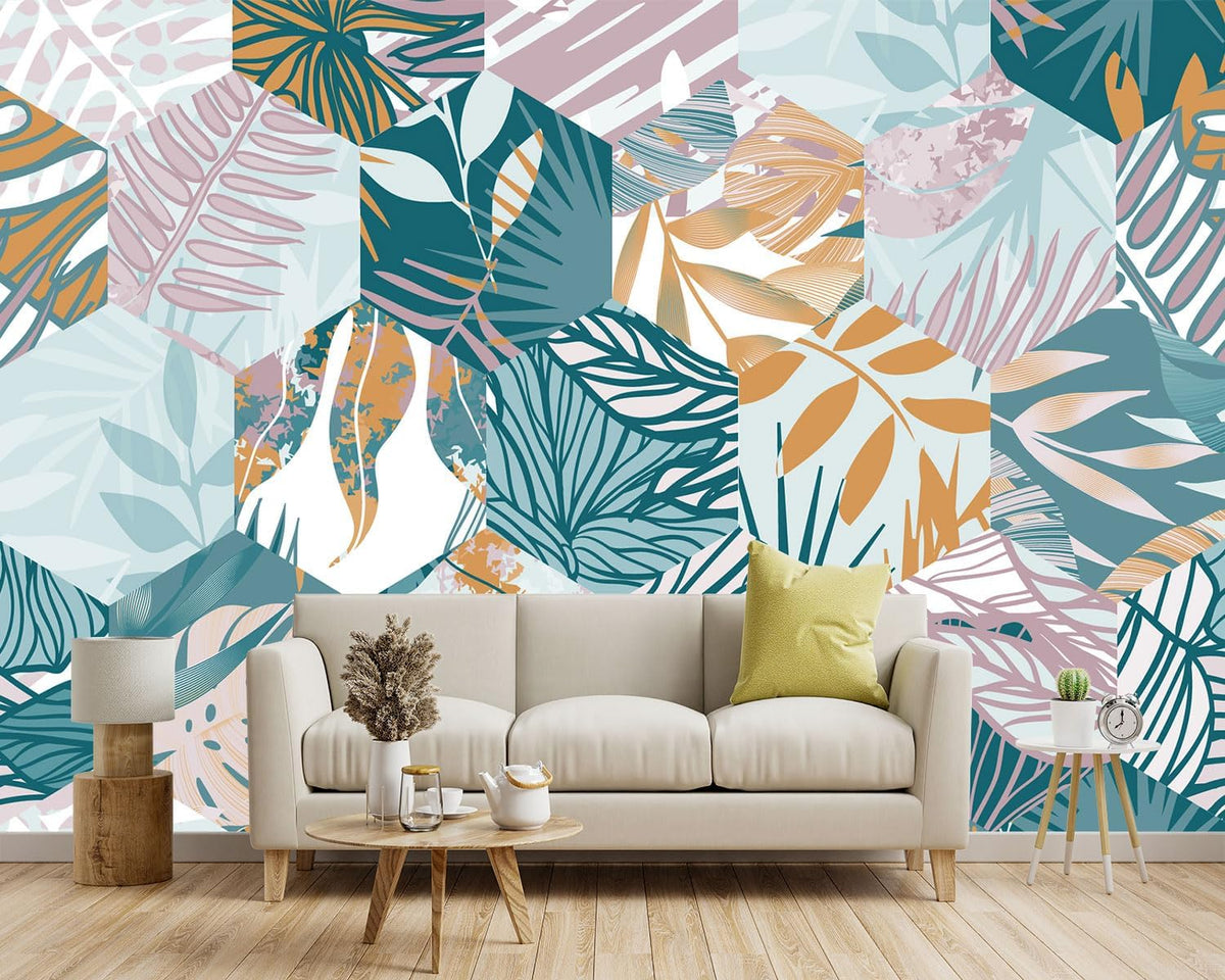 -Abstract Geometry Botanical Banana Leaf Fabric Wallpaper Living Room Bedroom Bathroom Tropical Plant Leaf Large Wall Mural- 183"x120"（ not Peel and Stick）