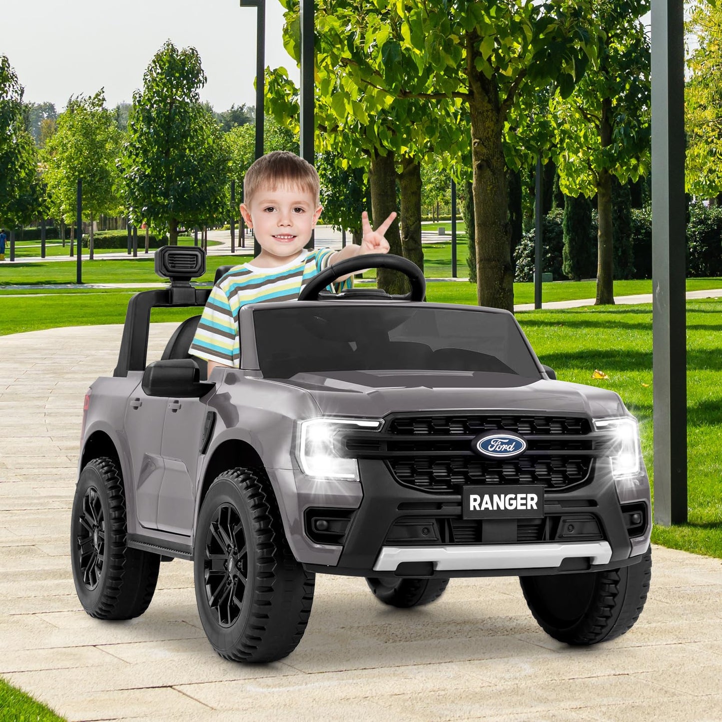 Licensed Ford Ranger Ride on Car for Kids by OLAKIDS, 12V Electric Vehicle Truck with Remote Control, Toddlers Battery Powered Toy with 2 Speeds Wheels Suspension Storage Space Bluetooth USB (Gray)