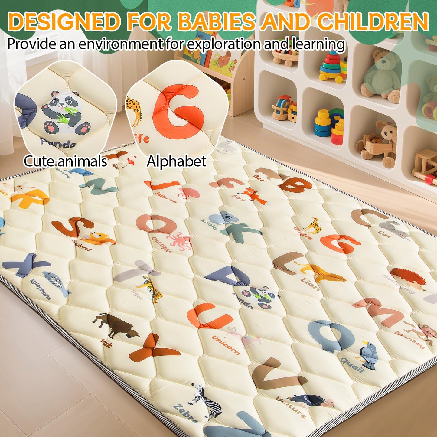 Baby Play Mats for Floor - 65”x50” Playmat for Babies - Foldable Soft Foam Mat for Toddlers - Machine Washable & Non-Slip Thick Play Mat for Picnic Portable - Animals Alphabet Design
