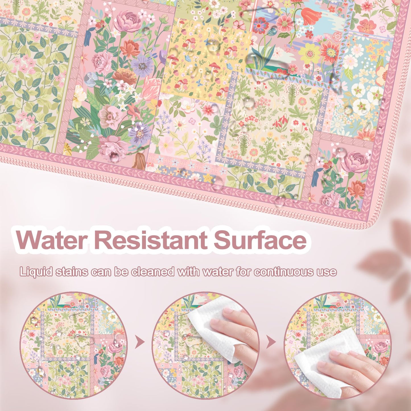 iCasso Pink Desk Mat for Keyboard and Mouse, Large Mouse Pad, Floral Desk Pad, Anti-Slip XXL Big Mousepad with Stitched Edges for Computer