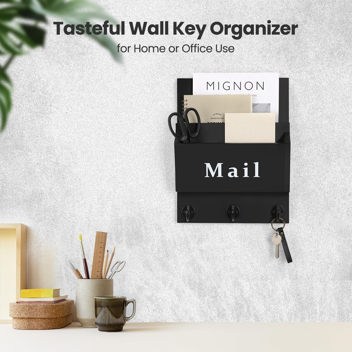 Lucundm Mail and Key Holder - Decorative 8.86" x 11.42" Wall Key Hanger with 2 Mail Organizer Slots and 3 Hooks - Real Paulownia Wood with Keyhole Brackets, Hardware and Instructions (Black)