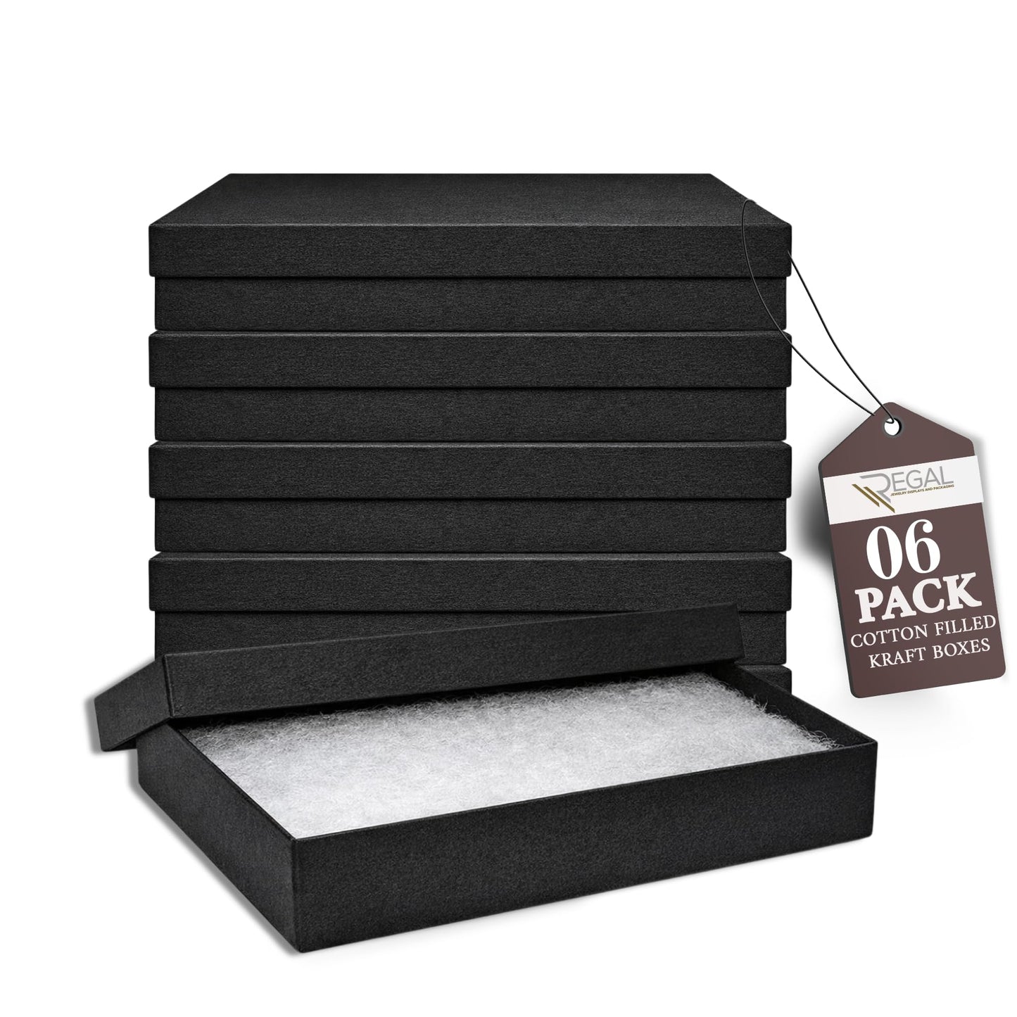 RJ Displays 6 Pack Jewelry Gift Boxes 5.25 x 3.75 x 1 Inch Black Matte Cotton Filled Cardboard Box with Lid, Small Jewelry Packaging for Necklace Bracelet Earrings Bulk Gift Boxes