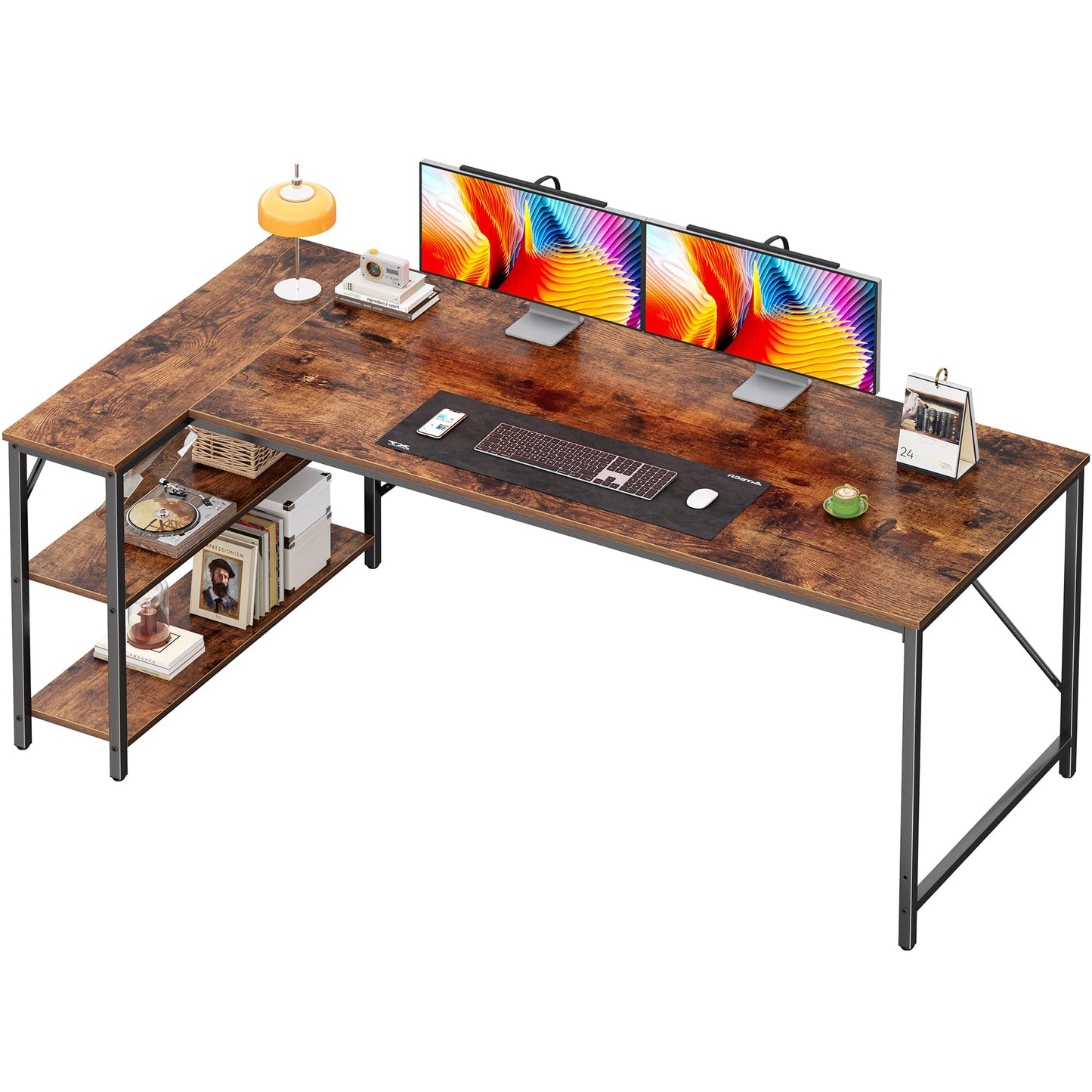 Huuger L Shaped Desk, 63 Inches Computer Desk with Reversible Storage Shelves, for Gaming Corner Home Office Writing Study, Metal Frame, Rustic Brown