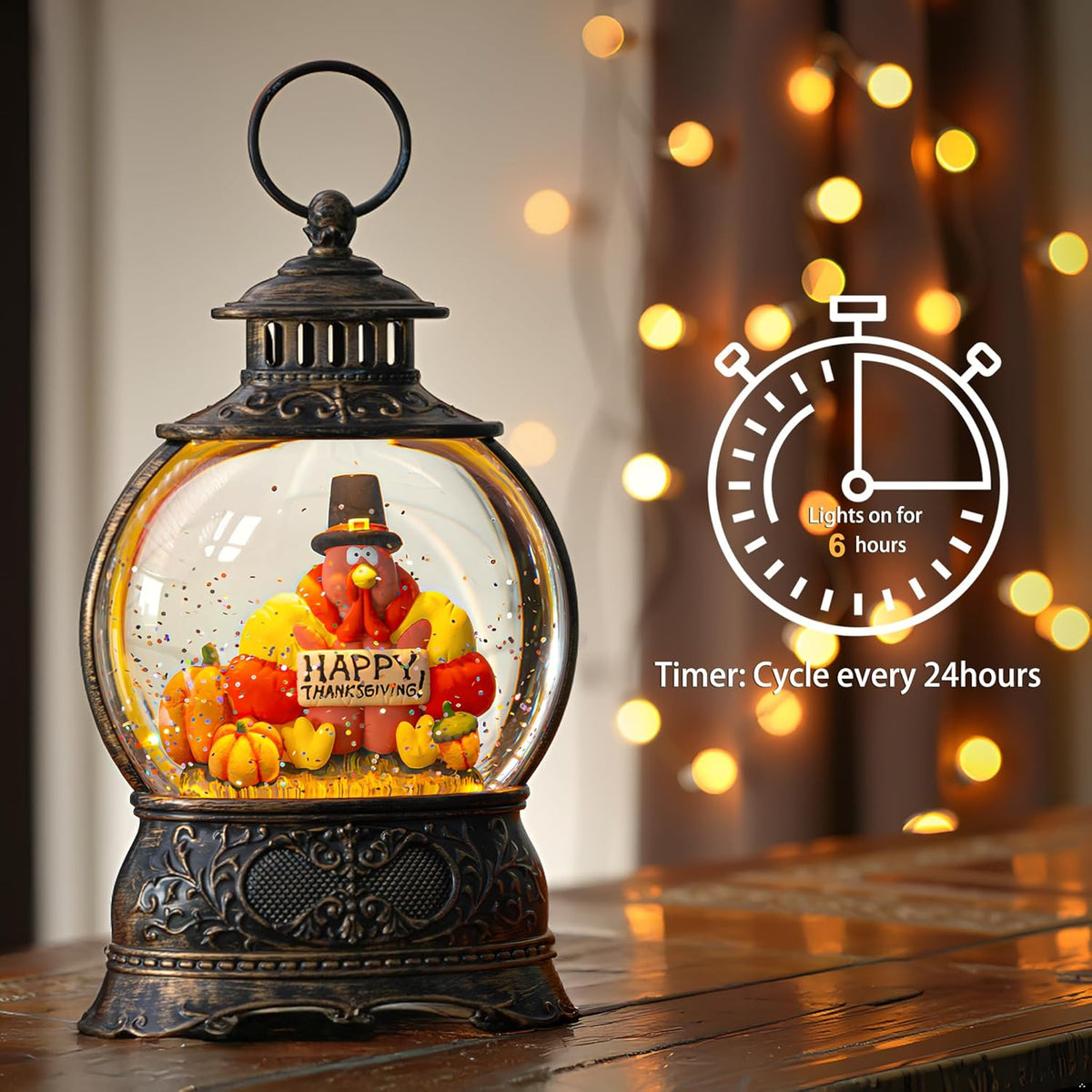 Fall Snow Globe Lantern with Autumn Turkey and Pumpkins Thanksgiving LED Decor for Home, Indoor Tabletop Centerpiece with Glitter Flakes, Harvest Light Decorations