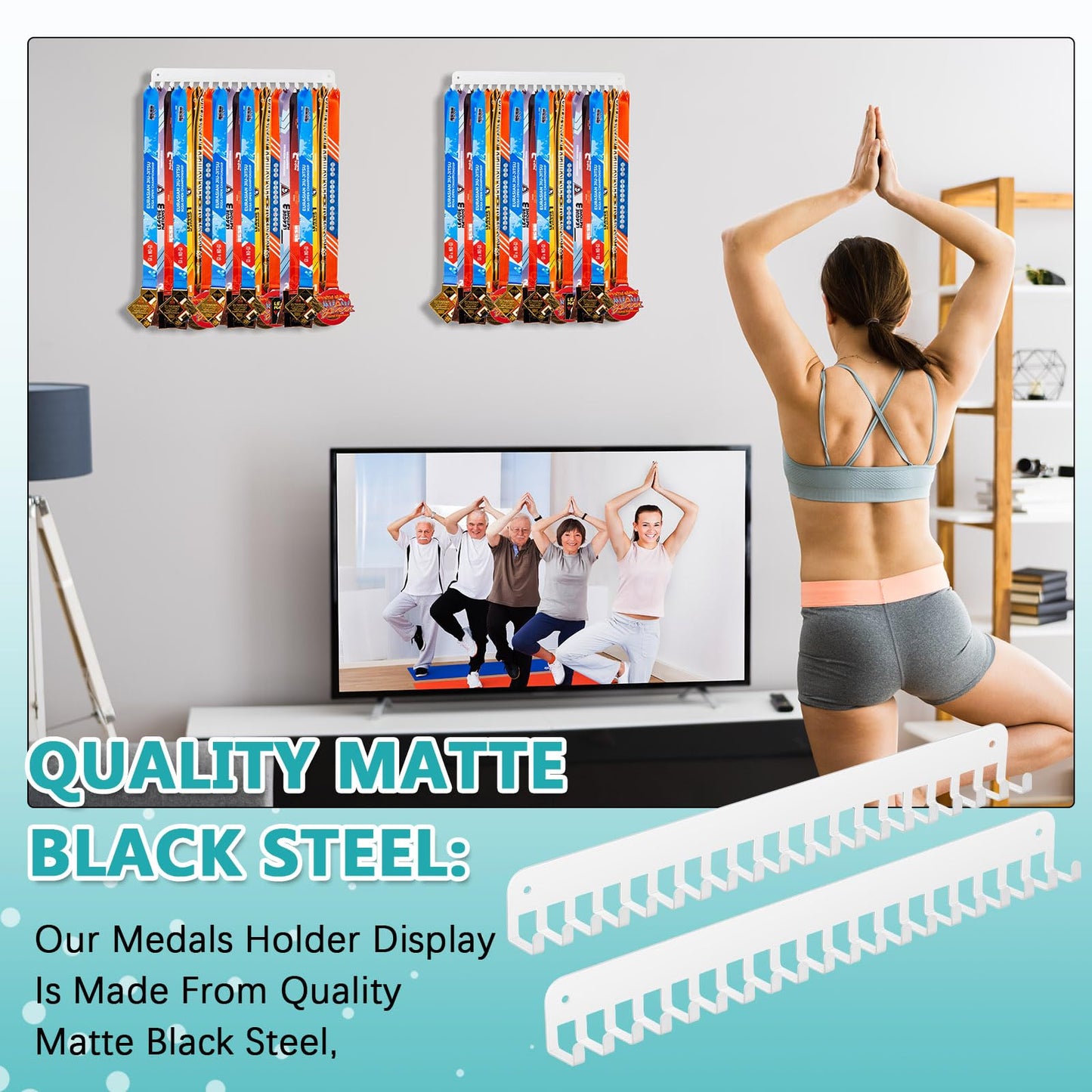 Geetery 4 2/4 Pack Medal Hanger Display with 20 Hooks Each, Steel Wall Mount Medal Holder Rack Holds 60+ Awards for Marathon Running Soccer Wrestling Gymnastics Swimming, Easy to Install (White)