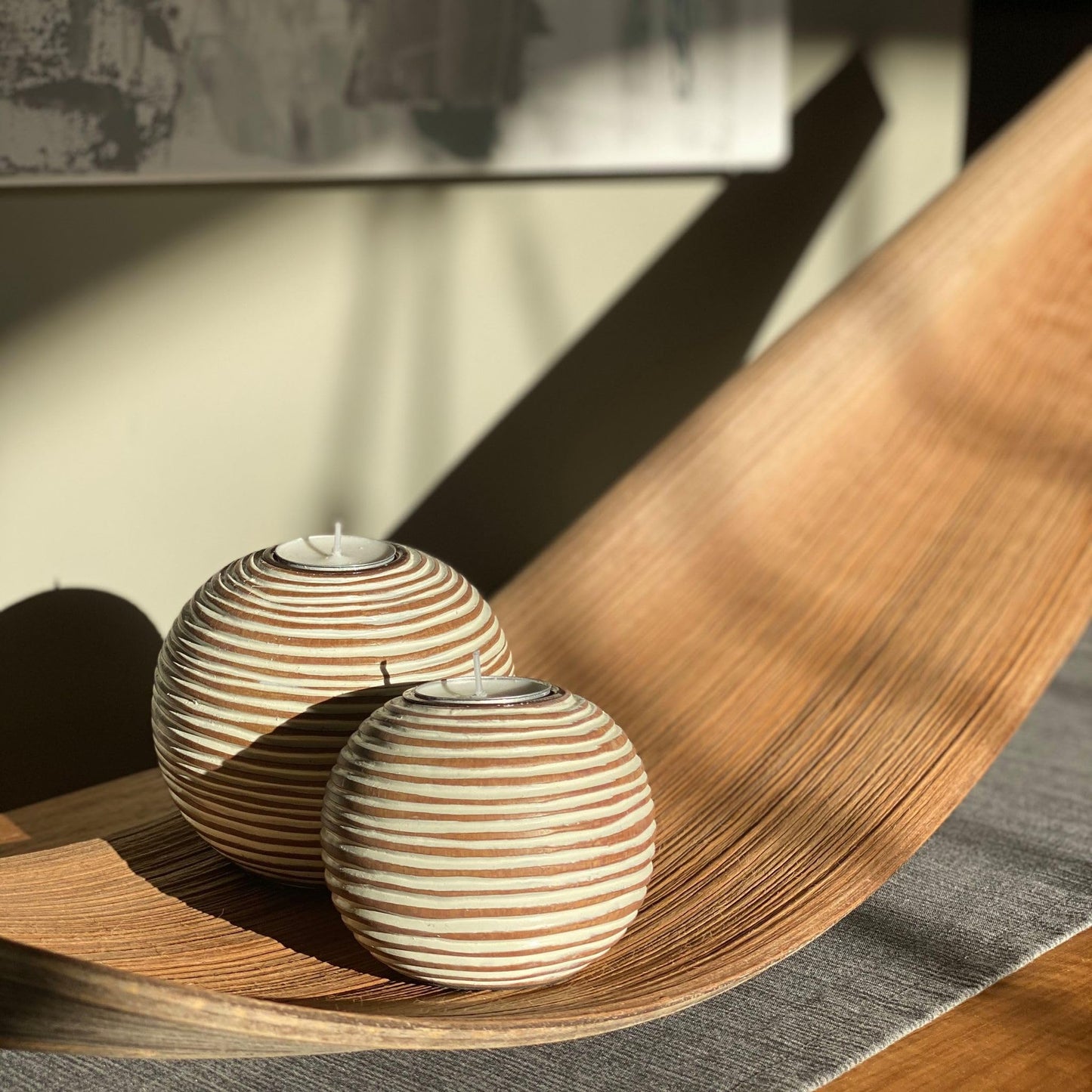 Tuva Orb Candle Holders (Gift Boxed Set of 2), Table Centerpieces for Dining or Living Room, Spa, Bathroom, Kitchen Counter, Mantle or Coffee Table Decor (Light Brown and White)
