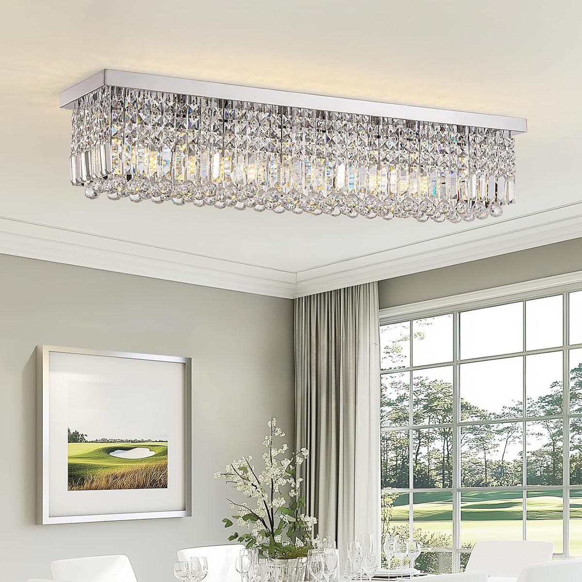 Modern Crystal Chandelier, 8-Lights Rectangle Chandelier Rectangular Flush Mount Pendant Ceiling Light Fixture K9 Crystal Raindrop Chandeliers for Dining Living Room Kitchen Island 𝐋𝟒𝟎 𝐈𝐧𝐜𝐡