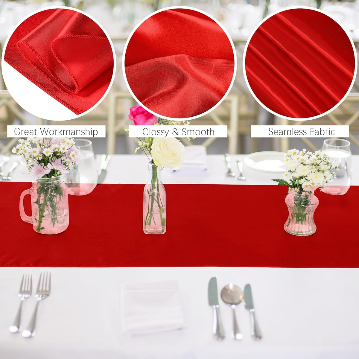 Aneco 12 Pack Satin Table Runner 12 x 108 Inch Red Long Wedding Satin Silk Table Runner for Wedding Banquet Graduations Birthday Party Decoration